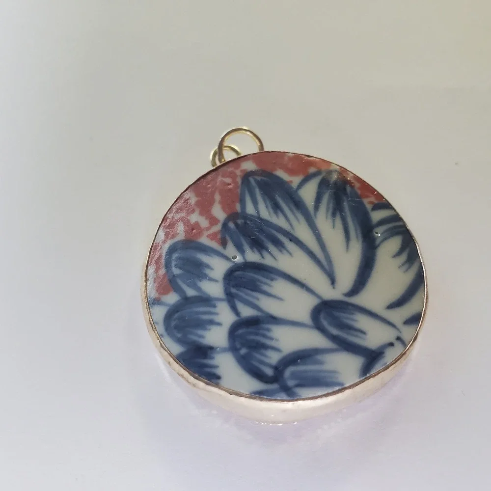 Artisan Floral Pendant Ming Blue Coral White Porcelain Pottery Shard Chinoiserie